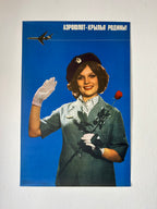 Vintage-style Soviet Airlines poster with a woman holding a flower against a blue background
