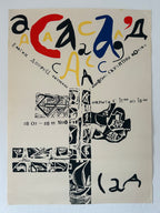 Artistic poster with abstract designs and text on a beige background