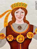 Illustration of a Lithuanian woman with decorative headpiece and jewelry on a plain background