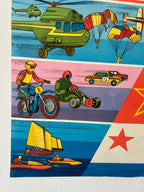Colorful illustration of various vehicles and activities on a striped background