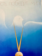 Artistic depiction of a dove with an olive branch against a blue gradient background, featuring text at the top.