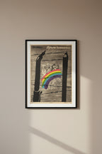 Collage with barbed wire, pencils, and a rainbow over a black and white photo of people.