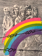 Collage with black and white illustration of five figures and a colorful rainbow with text.