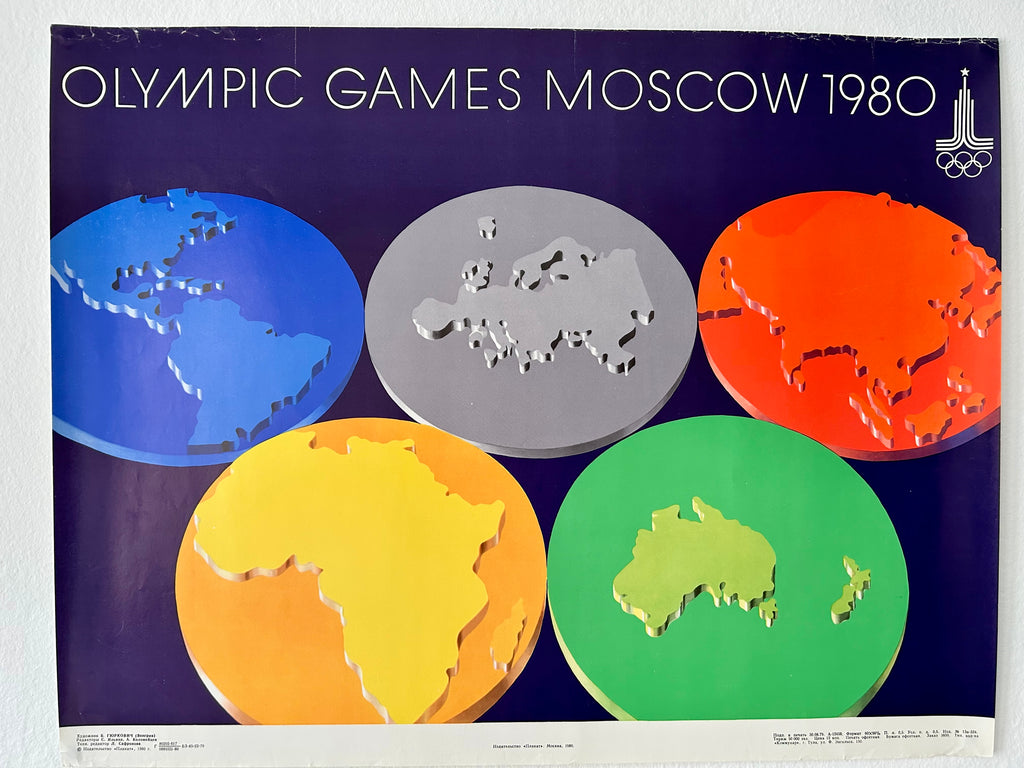 Original 1980 Moscow Olympics Poster – B. Gyurkovich (Hungary) – Olympic Rings World Map Design