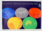 Original 1980 Moscow Olympics Poster – B. Gyurkovich (Hungary) – Olympic Rings World Map Design – 56 × 44 cm / 22.0 × 17.3 in