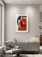 Modern living room with a framed poster on the wall, chair, and side table.