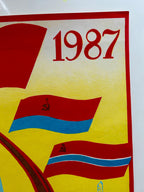 Poster with '1987' text and flags on a yellow background