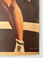 Artistic depiction of a leg wearing a sock with a striped pattern on a dark background.