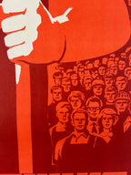 Surreal artwork with a large hand, surrounded by multiple faces on a red background.