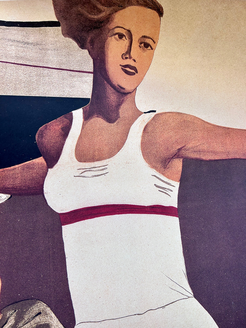 Artistic depiction of a woman in a white tank top with red accents against a stylized background.