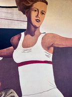 Artistic depiction of a woman in a white tank top with red accents against a stylized background.