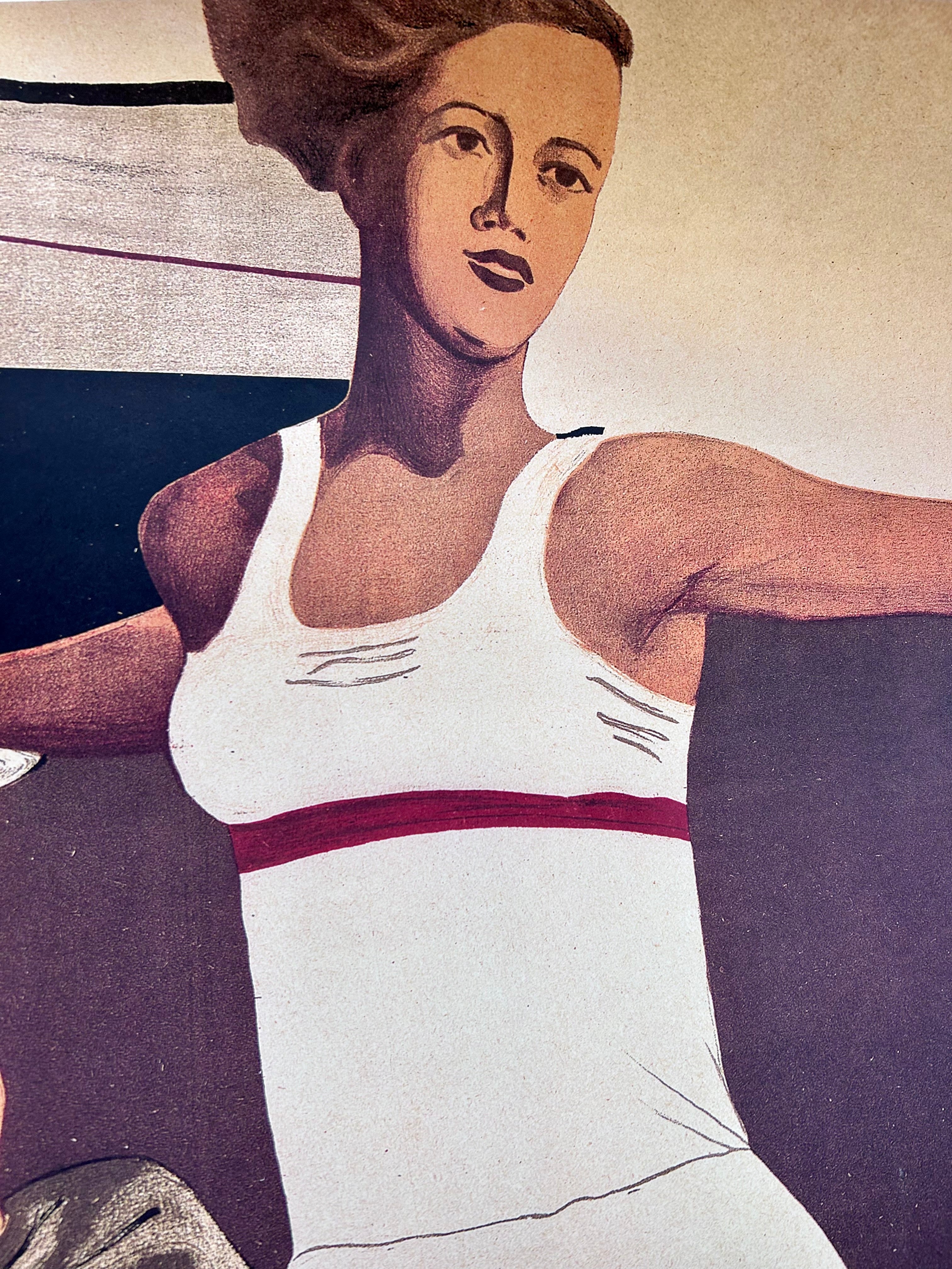 Artistic depiction of a woman in a white tank top with red accents against a stylized background.
