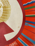 Decorative design with geometric patterns and a central circle on a red background