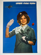 Vintage-style Soviet Airlines poster with a woman in uniform against a blue background, featuring text and an airplane icon.