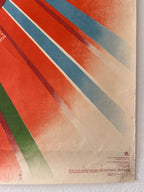 Abstract art print with diagonal red, blue, and green stripes on a beige background