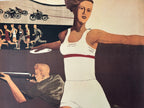 Vintage-style illustration of a woman in a white dressing with a red stripe, surrounded by smaller images of people and activities.