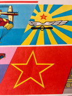 Colorful Soviet poster with airplane, sun, and star design on a blue background