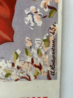 Floral patterned paper with visible brand name on a gray background