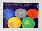Original 1980 Moscow Olympics Poster – B. Gyurkovich (Hungary) – Olympic Rings World Map Design – 56 × 44 cm / 22.0 × 17.3 in