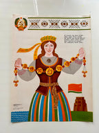 Vintage-style illustration of a Lithuanian woman in traditional attire with decorative elements on a white background