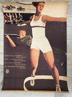 Vintage-style poster with a woman in athletic attire on a wooden surface