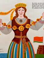 Illustration of a character in traditional Lithuanian attire with decorative elements and a flag.
