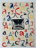 Poster with colorful abstract letter 'a' designs and a black and white central image on a beige background.