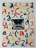 Poster with colorful abstract letter 'a' designs and a black and white central image on a beige background.
