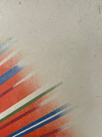 Abstract art with horizontal stripes in red, blue, green, and white on a textured beige background