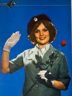 Vintage-style Soviet Airlines advertisement featuring a woman in a flight attendant uniform with a red rose against a blue background.