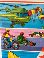 Illustrations of a helicopter, motorcycle, and cars on a colorful background