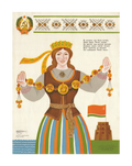 A vintage-style illustrated poster featuring a woman in traditional Russian folk dress with a striped skirt, gold coin motifs, a crown, and Cyrillic text on a cream background. A small Russian flag and a wooden house appear at the lower right.