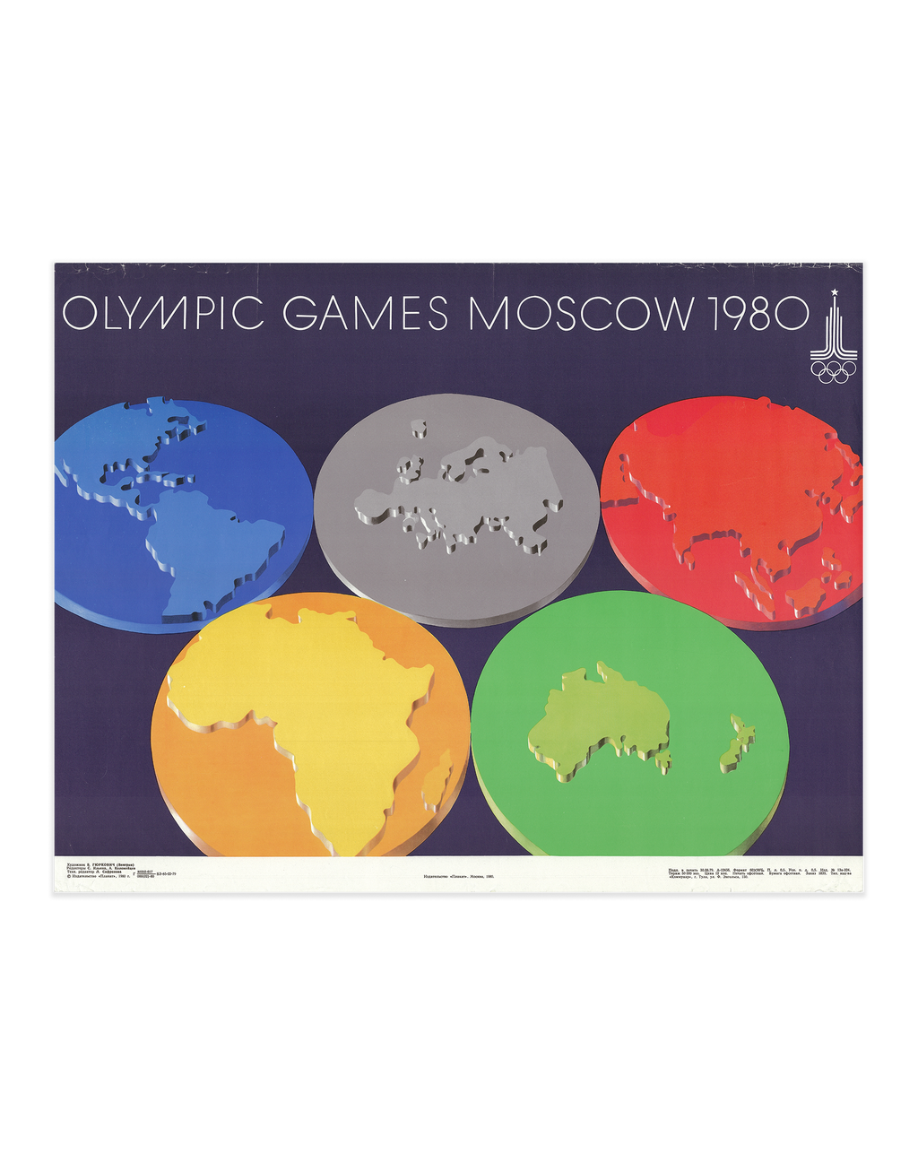Original 1980 Moscow Olympics Poster – B. Gyurkovich (Hungary) – Olympic Rings World Map Design – 56 × 44 cm / 22.0 × 17.3 in