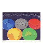 Original 1980 Moscow Olympics Poster – B. Gyurkovich (Hungary) – Olympic Rings World Map Design – 56 × 44 cm / 22.0 × 17.3 in