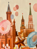 Illustration of a cityscape with towers and balloons on a beige background