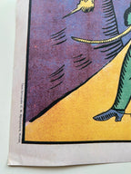 Colorful illustration of a character with a hat and boots on a purple and yellow background