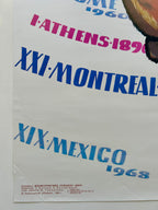 Sheet with Olympic event names printed on it, including 'Athens 1896', 'Montreal XXI', and 'Mexico XIX'.