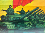 Illustration of tanks with soldiers on a yellow background with a red flag.