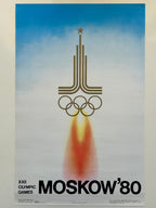 unframed poster of the 1980 Moscow Olympics with a rocket and Olympic rings design.
