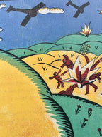 Cartoon-style illustration by K.S. Malevich's artwork 'Wilhelm Carousel'  of a battle scene with soldiers and airplanes over a landscape.