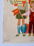 Vintage illustration of two children with a ball and a sign on a light blue background