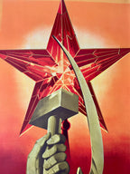 Red star with a hammer and sickle against an orange background