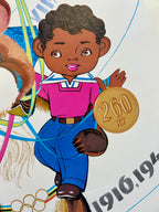Illustration of a child with a gold medal, standing next to a bear, on a colorful background with text.