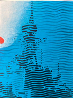 Artistic depiction of a skyscraper with wavy blue background
