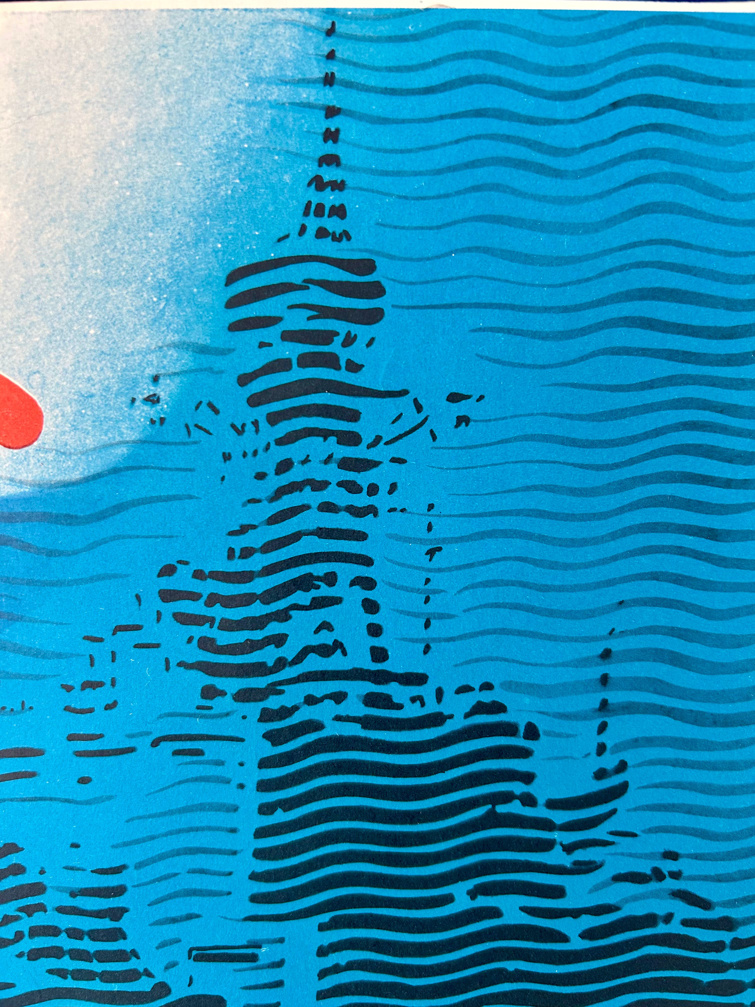 Artistic depiction of a skyscraper with wavy blue background