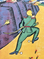 Illustration by K.S. Malevich's artwork 'Wilhelm Carousel'  of a person in a green suit with a long stick, standing on a yellow background.