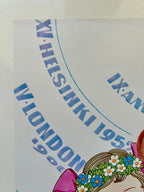 Vintage-style poster with text 'XV. HELSINKI 1958' and 'IV. LONDON 1960' on a white background.