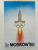Unframed poster of the 1980 Moscow Olympics with a rocket and Olympic rings design.
