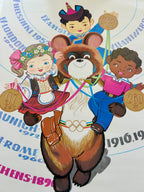 Illustration of a bear character with two children on a circular design with Olympic-themed text.