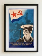Soviet-style poster with a sailor and a flag featuring a star and hammer-sickle.